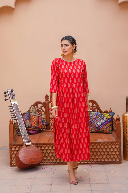 ❤️ Red Aura – Elegant Printed Frock for Women