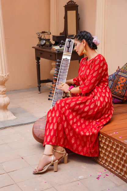 ❤️ Red Aura – Elegant Printed Frock for Women